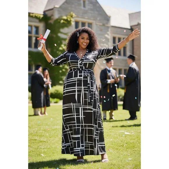 Women's 01-black Polyester Blend Floral 3/4 Sleeve with Belt Elegant Maxi - Picture 4 of 5